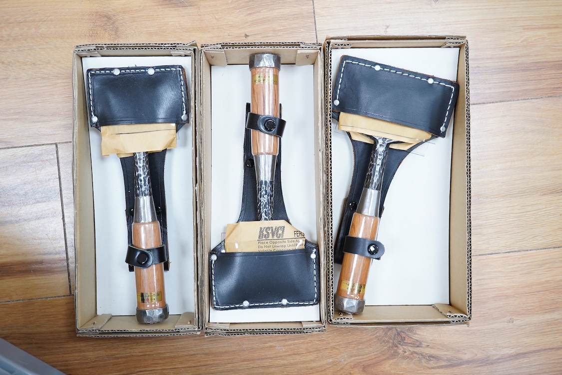 A collection of Japanese woodworking chisels and hammers, including; three boxed large mortise chisels, three boxed timber framing chisels (largest 90mm), and five heavy duty hammers/mallets (11)